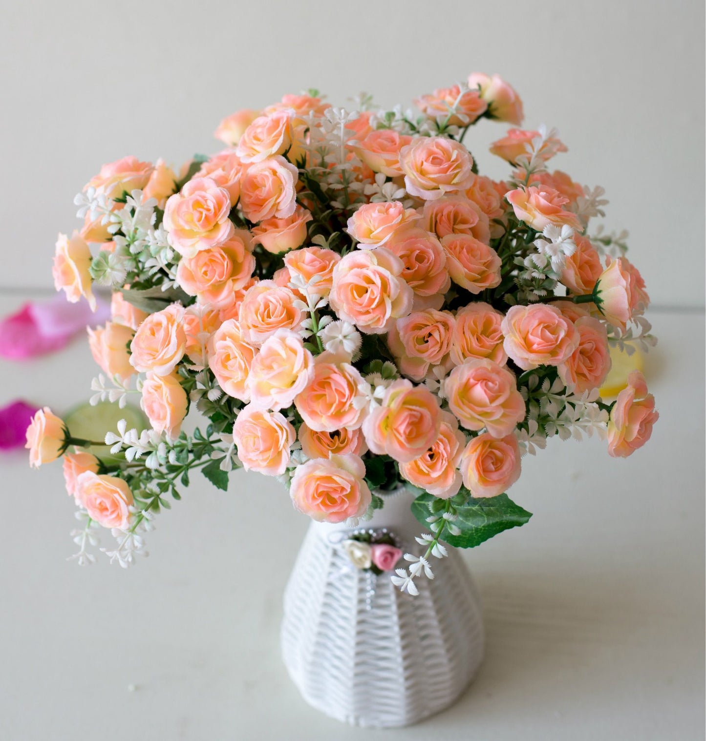 30cm 15Heads Artificial Mini Roses Flower Bouquet Home Living Room Office Desktop Ornament Fake Flowers Wedding Party Decor