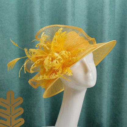 Chapéu de sol de aba grande com design de padrão de fio de cânhamo duplo, acessórios de pena, elegante chapéu de banquete, chapéu de praia para casamento ou férias, chapéu equestre