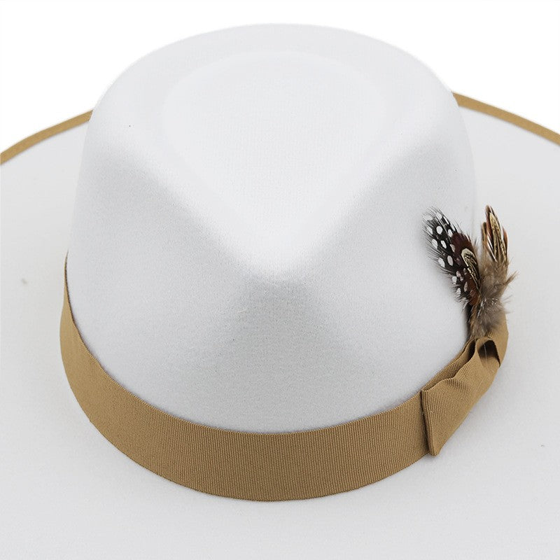 European American Fashion Feather Felt Jazz Hat Flat Wide Brim Bordered Formal Hat for Women and Men Elegant Style