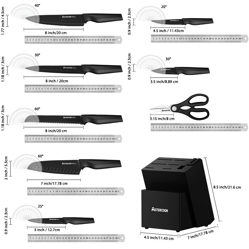 Conjunto de Facas de Cozinha Astercook com Bloco Amolador Embutido, Próprio para Lava-Louças, Conjunto de Bloco de Facas de Aço Inoxidável Alemão de 15 Peças