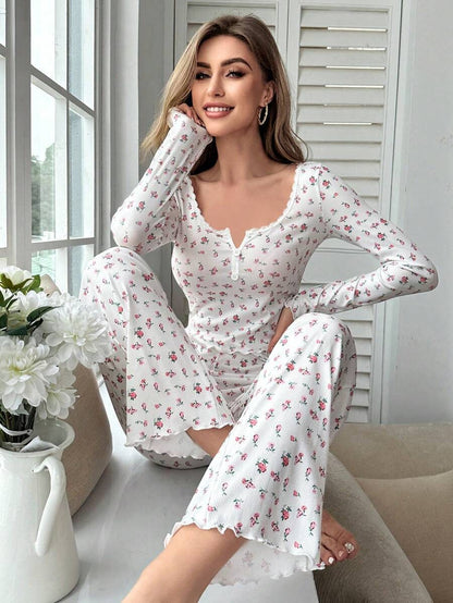 Autumn Winter Pajamas Set Women Sleepwear Floral Print Lettuce Trim Top with Long Pant Lovely Loungewear Full Sleeve Nightwear