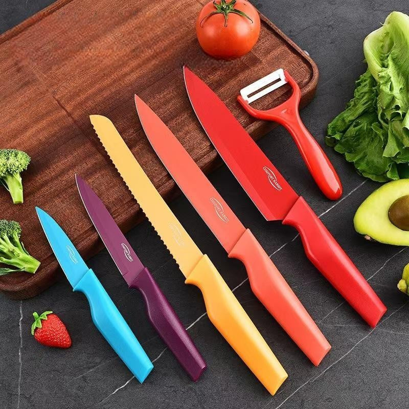 Kitchen knife set, stainless steel non-stick knife, black-edged marble rose gold six-piece set, 2025 explosion