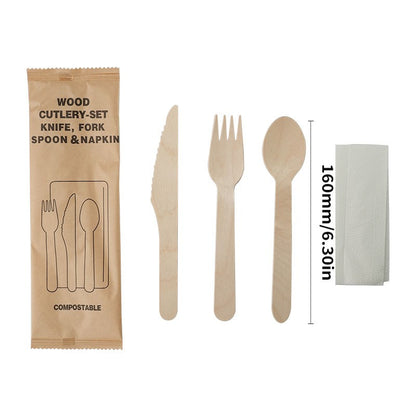 Kit de Talheres Descartáveis de Madeira (Garfo Faca Colher e Guardanapo de Papel) Louça de Madeira Biodegradável Portátil para Festas Acampamento Refeições