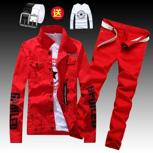 Men's Slim Fit Denim Jacket Pants 2pcs Set Long Sleeve Coats Letters Printed Casual Large Size Black White Red Boys Trousers