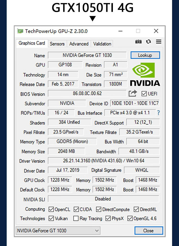 Placa de vídeo de baixo perfil SRhonyra GT730 RX550 GT1030 GTX1050 1050Ti 4GB, GPU de baixo perfil para SFF, PCs industriais e mini PC OPS