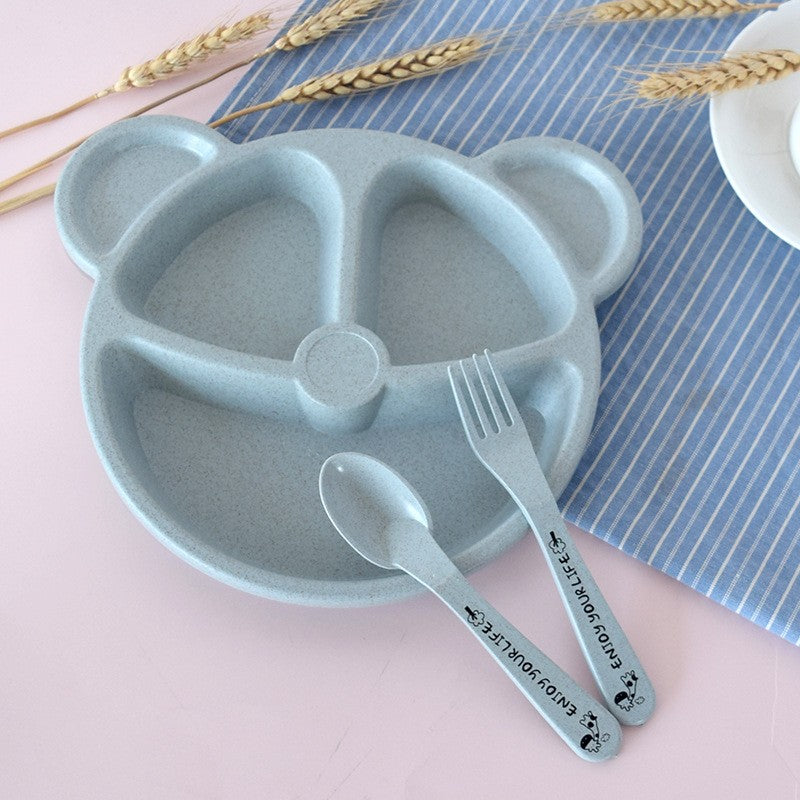 3-Piece Cute Divided Dining Plate for Children's Bowls Solid Color Fork Spoon Sucking Tableware Set with Wheat Material