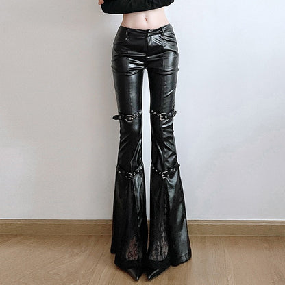 PU Leather Flare Pant Goth Buckle Lace Patchwork Pants Women Fashion Y2K Streetwear Vintage Aesthetics Casual Pants Trousers