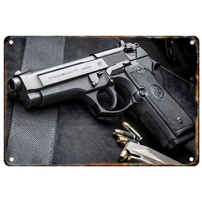 GUNHERO Pistol Metal Wall Signs - Bold Military Style - Perfect Decor for Man Caves, Homes, Bars & Garden Spaces