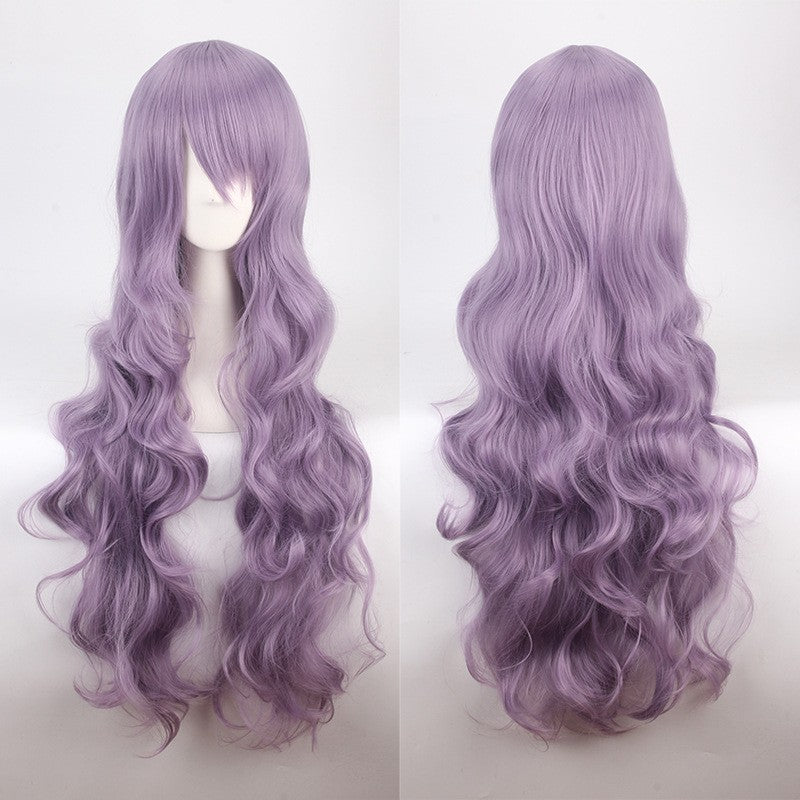 Peruca de anime colorida estilo cosplay europeu e americano, com rede de fivela para comércio exterior, universal, 80CM de comprimento, encaracolada de fibra sintética
