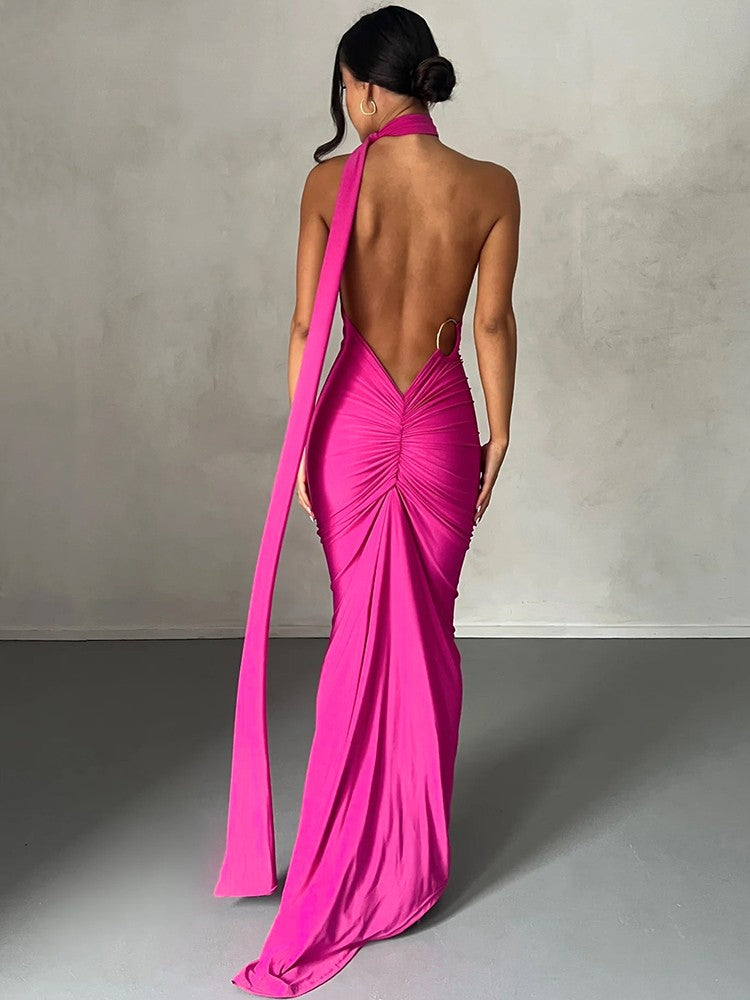 Hugcitar One Shoulder Backless Adjustable Scarf Loop Ruched Sexy Maxi Dress Wome