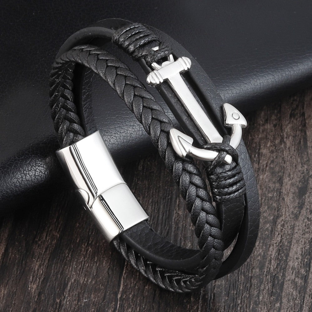 Pulseiras de Âncora Punk de Aço Inoxidável Pulseira de Couro Genuíno e Braceletes Masculinos Joias Pretas Presente de Moda