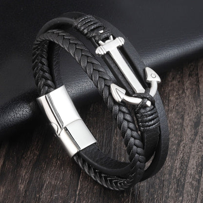 Pulseiras de Âncora Punk de Aço Inoxidável Pulseira de Couro Genuíno e Braceletes Masculinos Joias Pretas Presente de Moda
