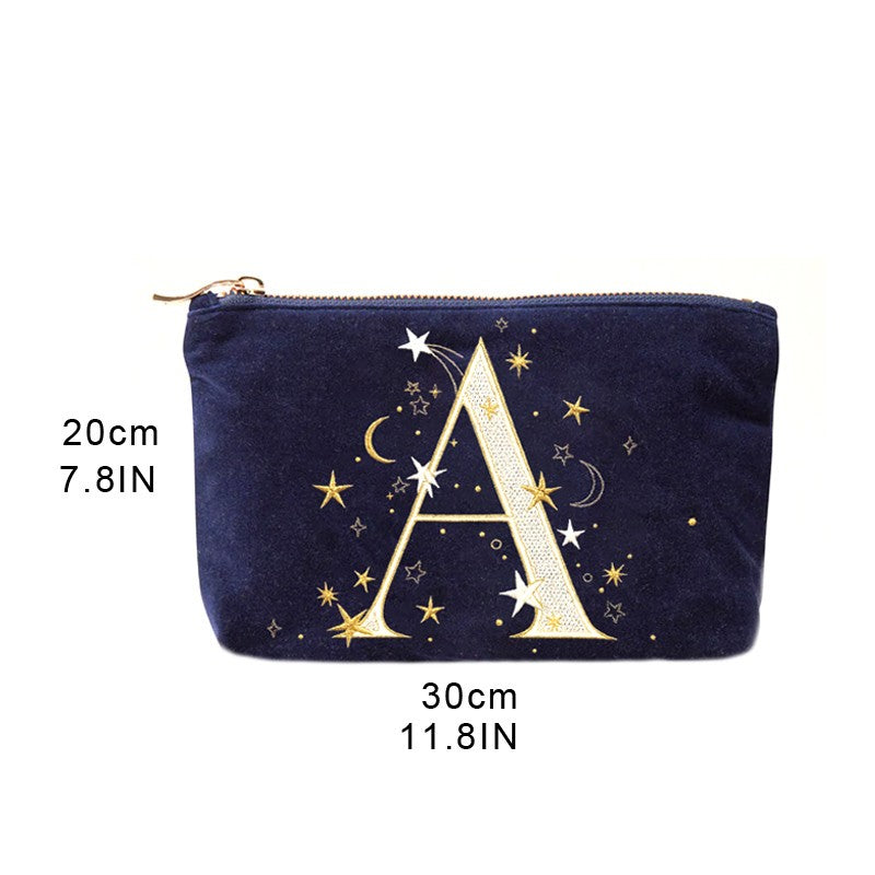 Alphabet Print Velvet Clutch Makeup Bag - Fashionable Cosmetic Pouch with Glittering Star Motif