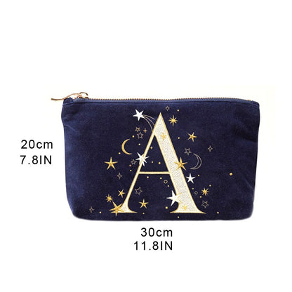 Alphabet Print Velvet Clutch Makeup Bag - Fashionable Cosmetic Pouch with Glittering Star Motif