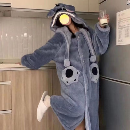 Robe de Dormir Unissex Disney Stitch Forrada de Lã Quente, Roupa de Casa, Robe de Material Macio, Conjunto de Pijama Masculino Feminino, Robe de Lã Coral de Inverno, Brinquedos