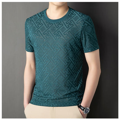 2024 Summer Ice Silk Men's Jacquard Short Sleeve T-shirt High end Brand Fashion Jacquard Cool Breathable Casual Round Neck Top