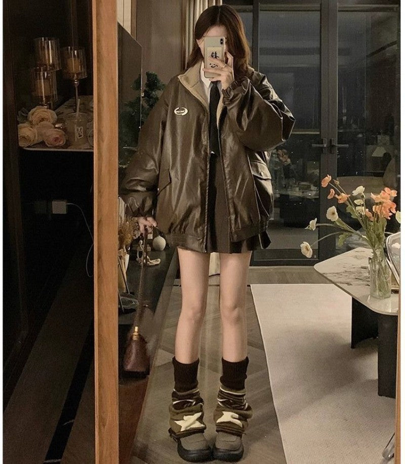 Maillard Fashion PU Leather Jacket With Lambswool Coat Both Sides Female Y2K Winter New Velvet Locomotive Cotton-padded Jacket