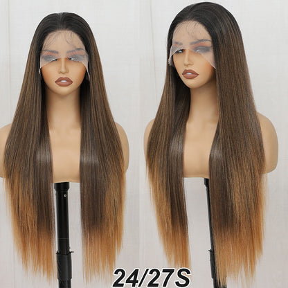 Perucas Frontais de Renda Reta de 30 polegadas 13X4 Castanho Claro P12/24 Ombre Coloridas Pré-selecionadas Macias Naturais de Alta Temperatura para Cosplay