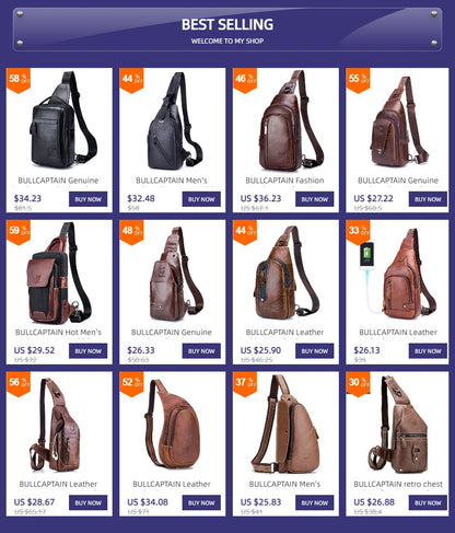 BULLCAPTAIN Men's Genuine Leather Chest Bag Casual Retro 7.9-inch Mobile Phone Bag Multifunctional Anti-Theft Crossbody Bag
