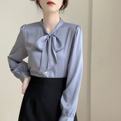 Bow Tie Chiffon Shirts Casual Long Sleeve White Blouse Women's Elegant Business Loose Blouses Ladies Spring and Autumn Chic Tops