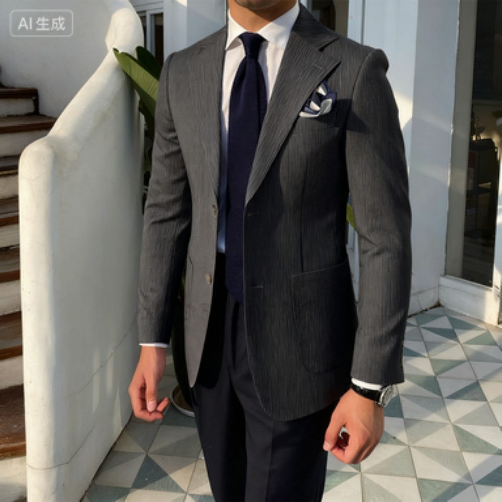 Summer Seersucker 2-Piece Men's Blue Striped Blazer Suit with Notched Lapel Casual Wedding Fine Fit Trousers Male Fashion