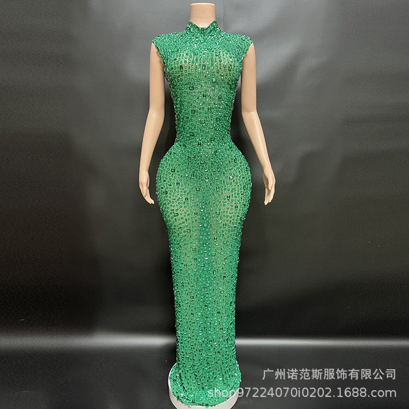 Sexy Full Drill Elastic Slim Fit Sleeveless Long Dress - Hip Wrap, For Host Stage Catwalk & Engagement Evening High-Slit Dresses