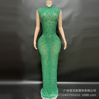 Sexy Full Drill Elastic Slim Fit Sleeveless Long Dress - Hip Wrap, For Host Stage Catwalk & Engagement Evening High-Slit Dresses