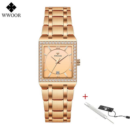WWOOR Top Brand Luxury New Ladies Diamond Watch Fashion Square lady Wrist Watch Simple Women Dress Small Watch Relogio Feminino