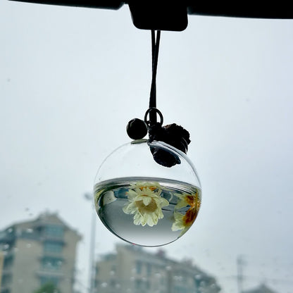 Pingente de Carro de Vidro Vazio com Perfume para Pendurar, Frasco de Decoração Interior Automotivo com Flor, Recipiente de Perfume com Tampa de Madeira