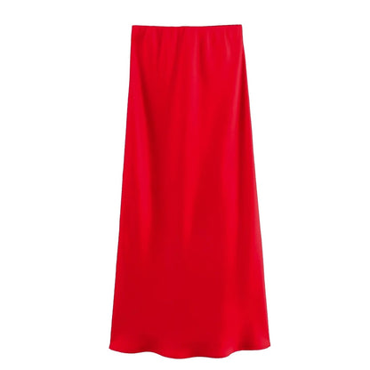 XNWMNZ Women's Fashion 2023 Flowing Satin Midi Skirt Women Vintage Elastic High