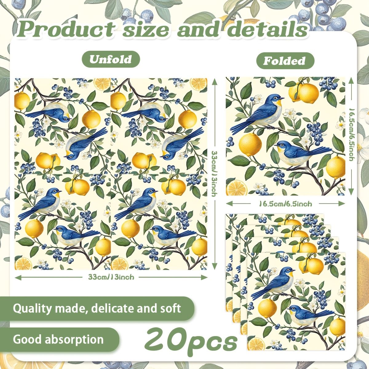 20/40/60pcs Bird Lemon Blueberry Flower Themed Party Napkins, Suitable for Party Tea Parties, Birthdays, and Desktop Decoration