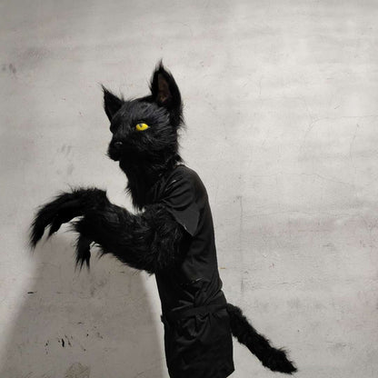 Latex with Fur Black Cat Cosplay Mask Scary Helmet Animal Funny Costume Hood Hair Mask Headwear Adult Halloween Party Props