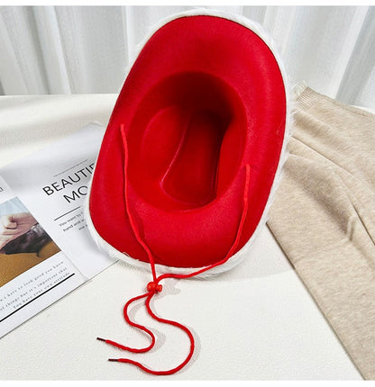 Red Christmas Cowboy Hat with Feather & Gold Buckle, Western Party Hat for Women Men, Floppy French Jazz Cap for Xmas