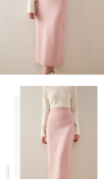 100% pure wool skirt new women's autumn and winter mid-length high-waisted thin cashmere skirt knitted all-match hip skirt