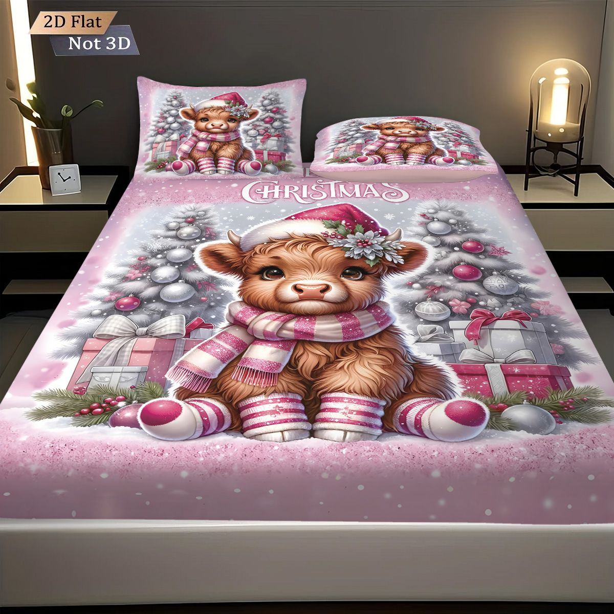 3pcs Christmas Highland Cow Print Coreless Bed Sheet Set Multiple Size Bed Cover Bedroom Bedding,  Decoration Machine Washable
