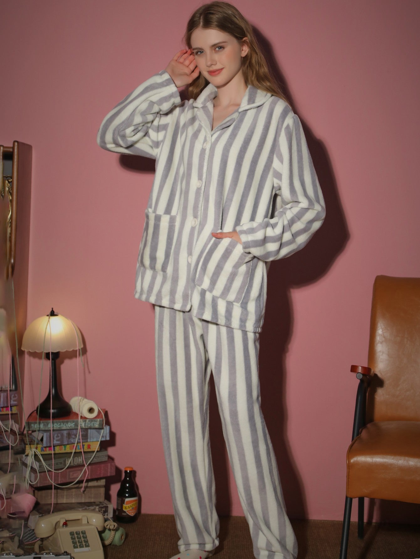2-piece set of women's pajamas autumn and winter flannel striped long sleeved pants set thick cardigan home clothes