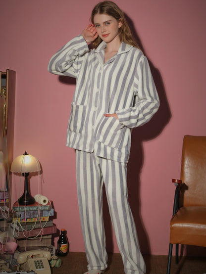 2-piece set of women's pajamas autumn and winter flannel striped long sleeved pants set thick cardigan home clothes