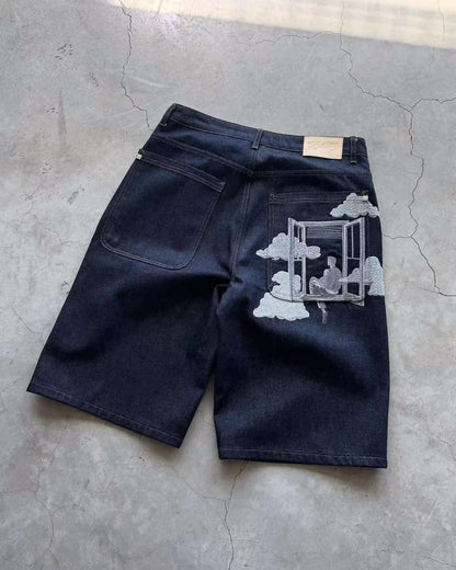 New Men Black Floral Print Denim Shorts Unique Creative Design Summer Casual Trendy Style Comfortable Fit for Outdoor Streetwear