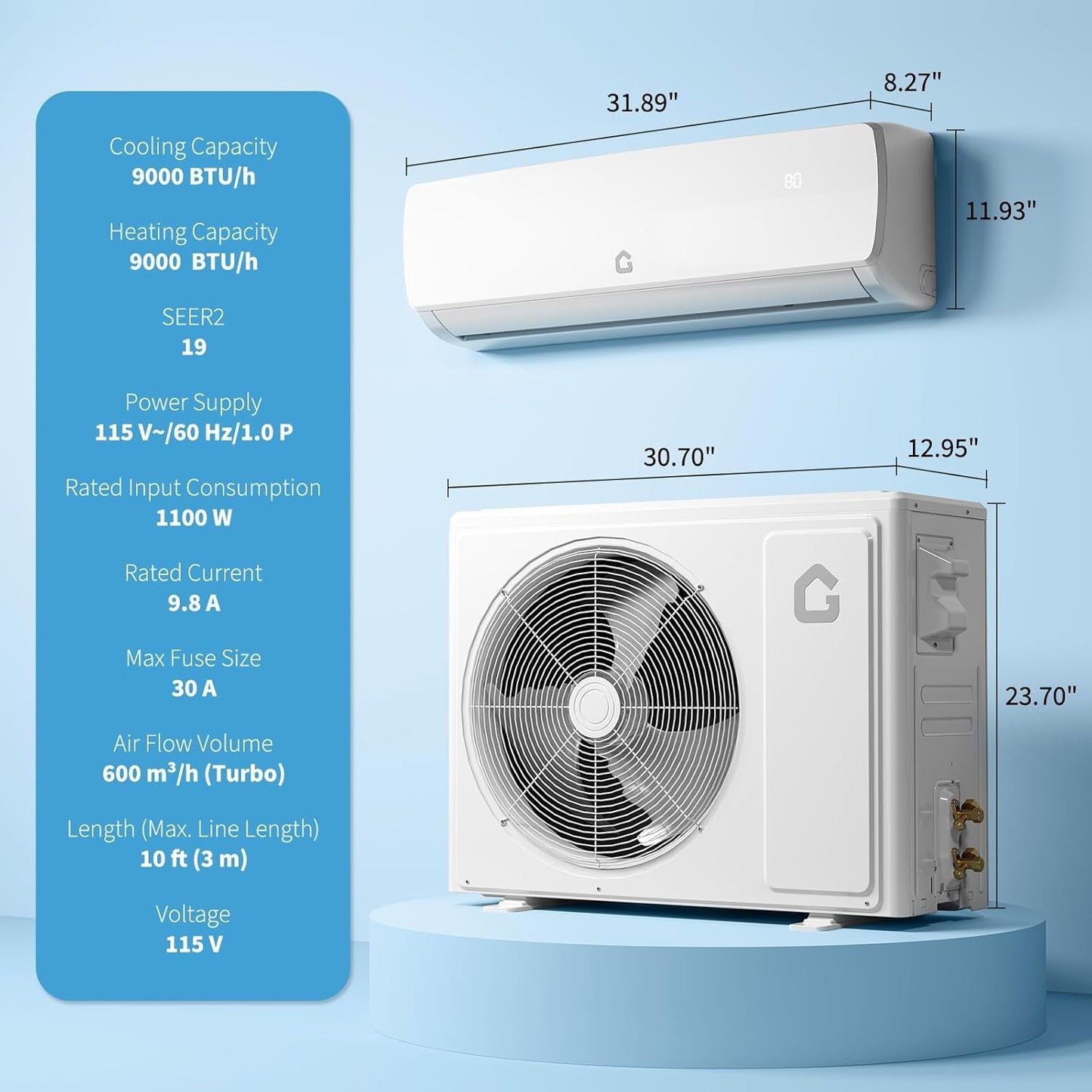 Sistema de Ar Condicionado/Aquecimento Mini Split de 9.000 BTU, 19 SEER, Bomba de Calor Sem Ductos, com Controle Remoto, para até 42 m²