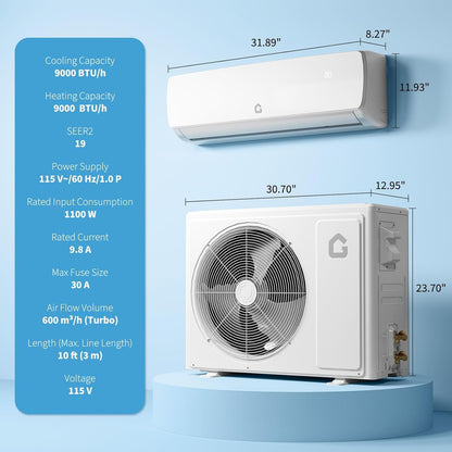 Sistema de Ar Condicionado/Aquecimento Mini Split de 9.000 BTU, 19 SEER, Bomba de Calor Sem Ductos, com Controle Remoto, para até 42 m²