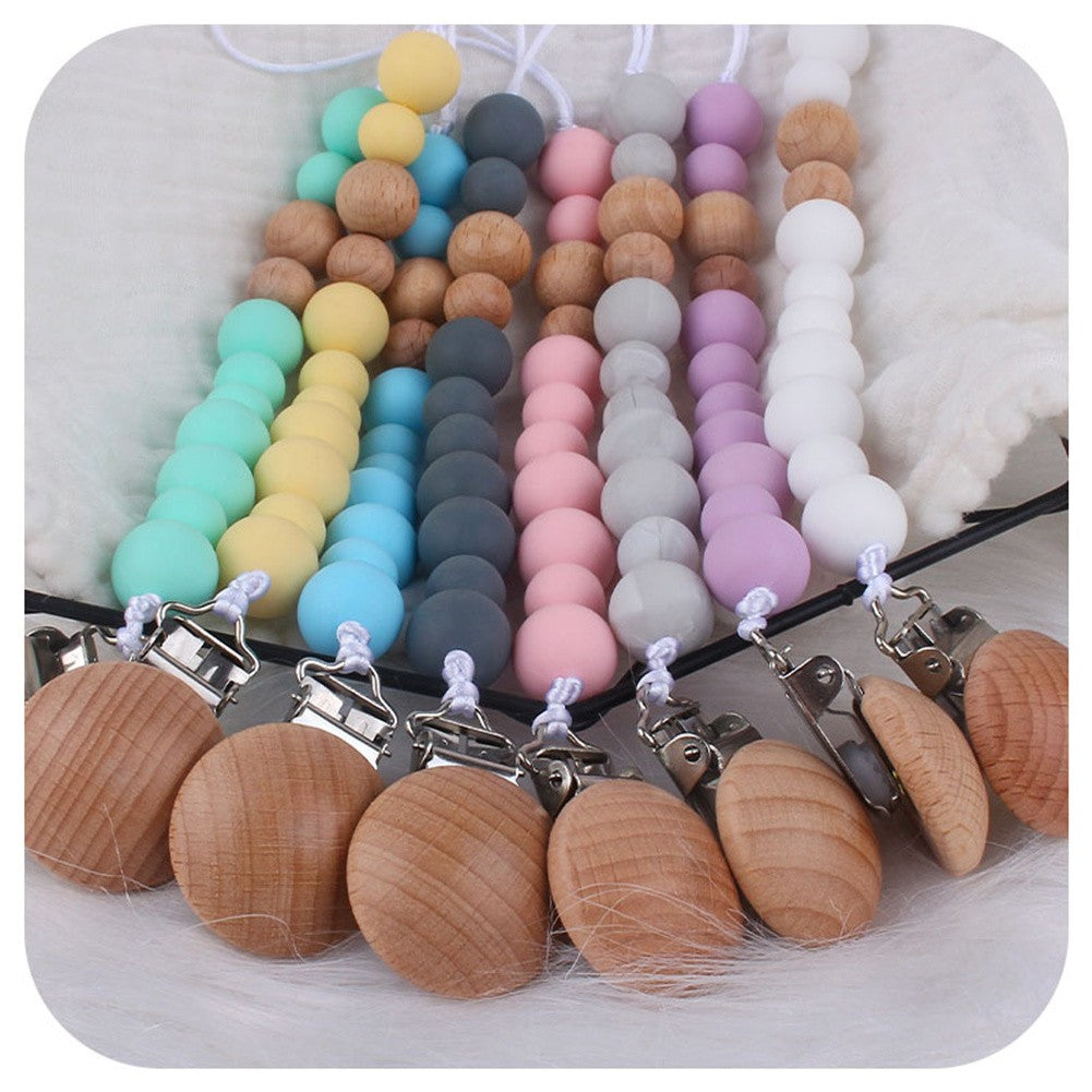 2023 New Baby Wood Beaded Pacifier Clip Silicone Chain Nipple Holder Infant Soother Teether