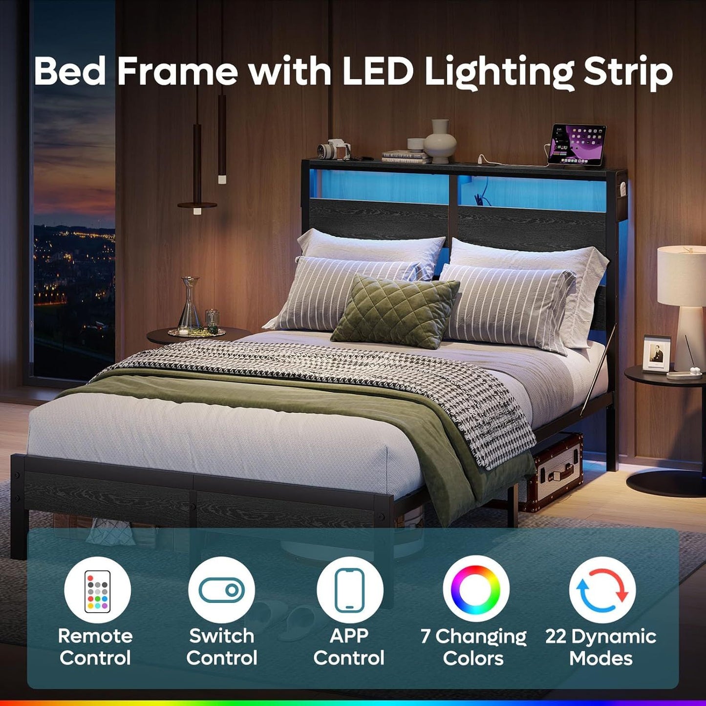 Cama de Casal Completa com Cabeceira de Armazenamento e Estação de Carregamento, Cama de Plataforma Preta com Luz LED, Cama de Metal Antiderrapante