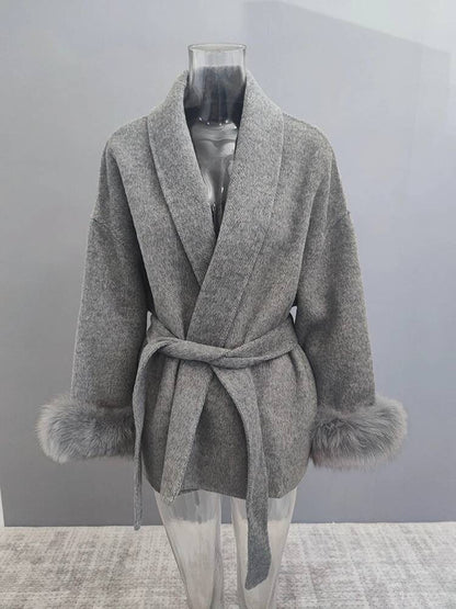 UCXQ Casaco Feminino Elegante OL para Escritório com Retalhos de Pelo Manga Comprida Lã Jaqueta de Roupa Feminina Bonita Outono Inverno 2025