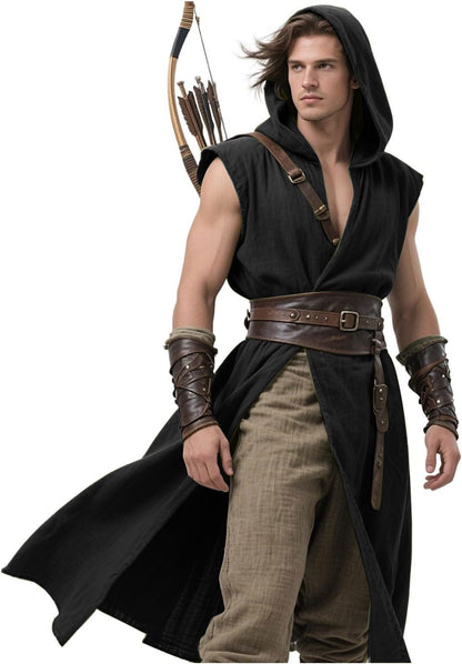 Men's Medieval Hooded Surcoat Renaissance Tabard Sleeveless Tunic Cloak Viking Costume Holloween Assassin Cosplay