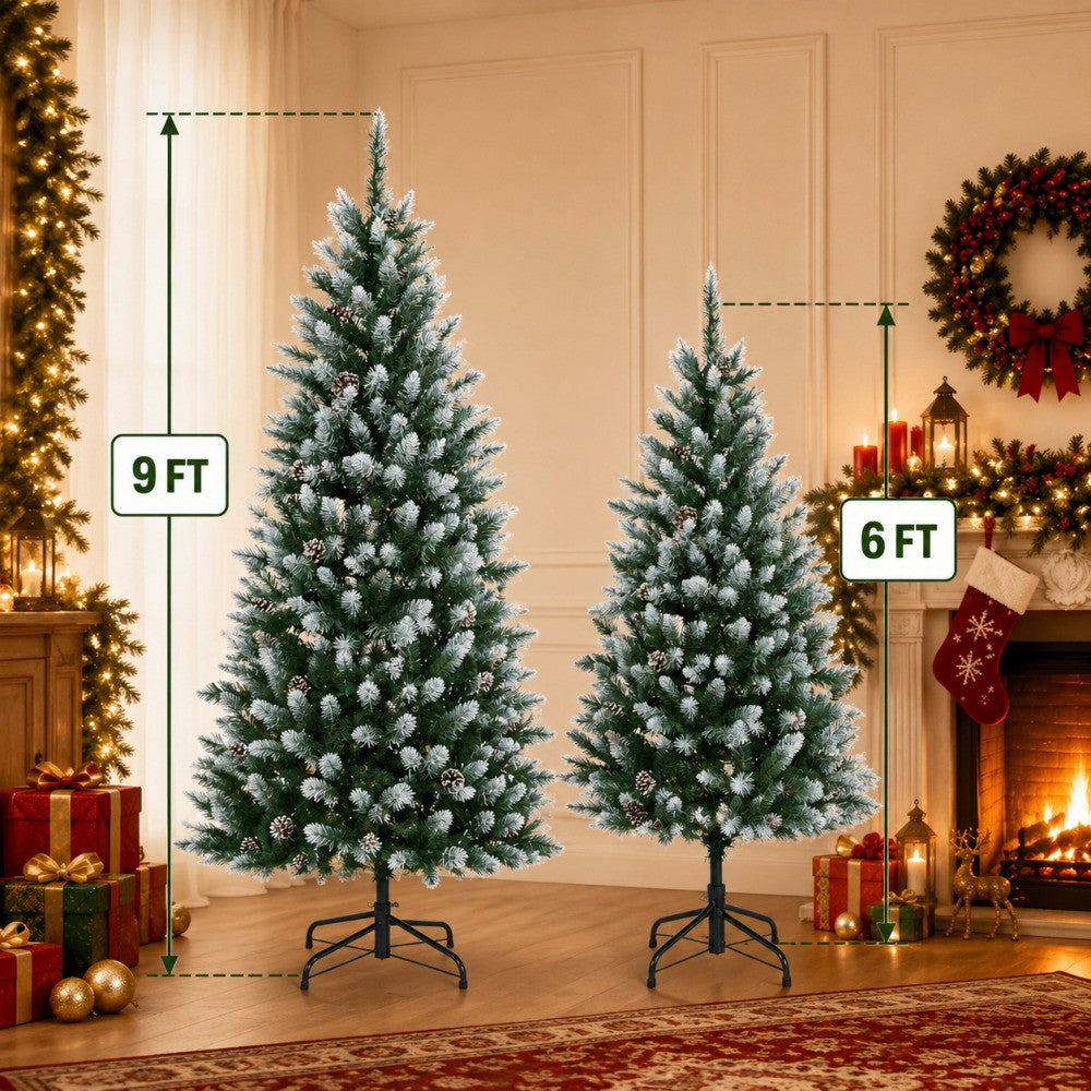 Pre-Lit Flocked Artificial Christmas Tree 6‘/9’ with Warm White LED Lights, Realistic Pine Branches, Snow Covered Xmas Tree, Slim Space Saving Design, Sturdy Metal Stand, Indoor Outdoor Holiday Decoration