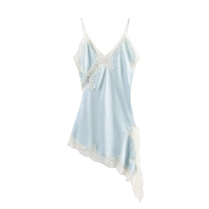 Women Fashion Sexy V-Neck Lace Elegant Halter Dress Asymmetric Hem Dress 2025 Summer New Fashion Holiday Party Beach Dresses