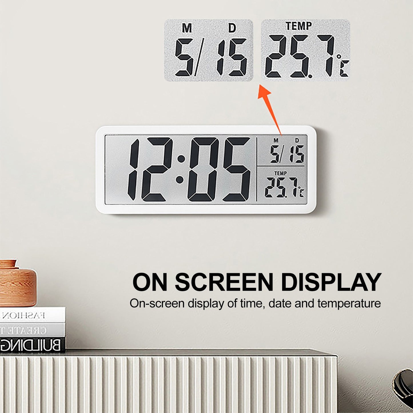 Digital Wall Clock Electronic Wall Mounted LCD Disply Clocks Multifunctional Temperature and Time Week Display Battery Powered