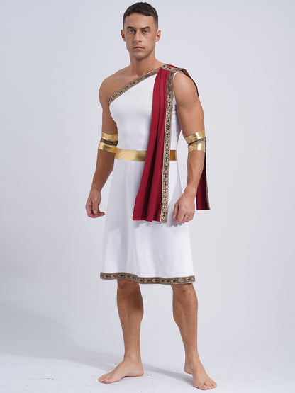 Mens Ancient Greek Toga Roman King Prince Cosplay Costume Halloween One Shoulder Embroidered Robe Dress Theme Party Outfits