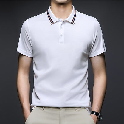 Men's Fashion Solid Short Sleeved Striped Lapel Polo Shirt Summer Breathable Comfortable Top