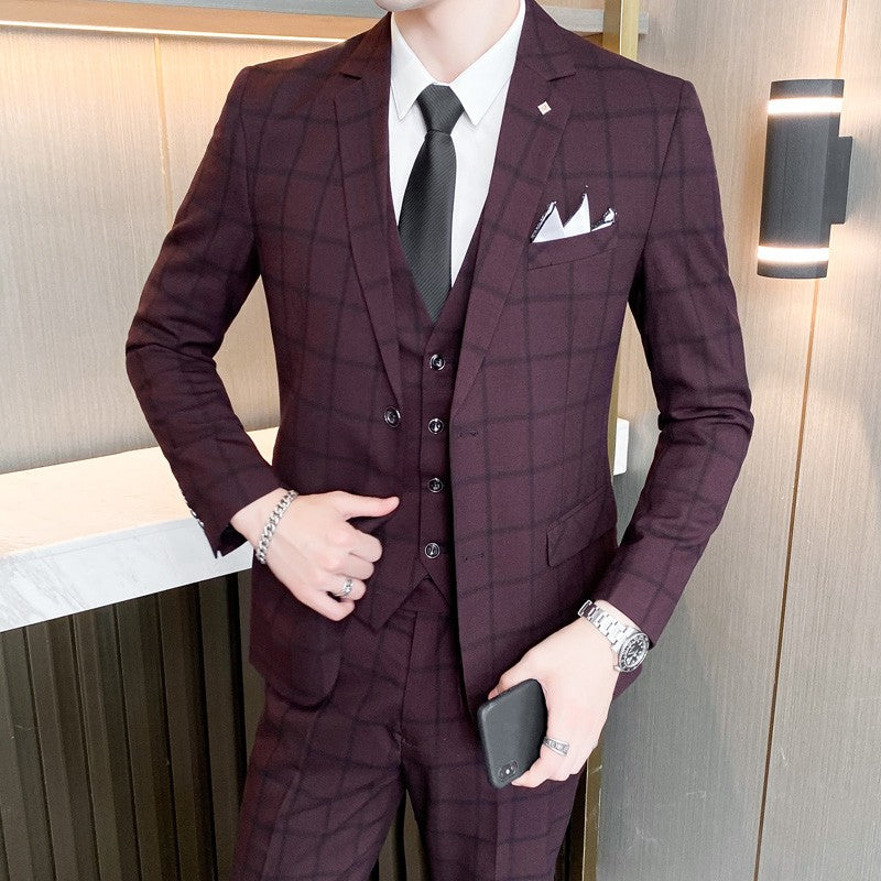 Suit (blazer+vest+pants) Man Fashion Business British Grid Trend Style Casual Hosting Slim Wedding Work Conjunto Hombre